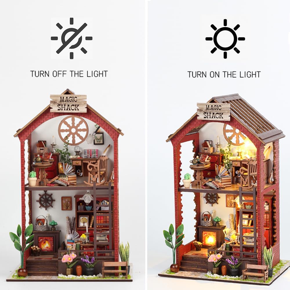 DIY Book Nook Kit, Miniature Dollhouse Booknook Kit with Light, 3D Wooden Puzzle Bookend Bookshelf Decor for Adults, Library