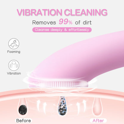PRITECH Facial Cleansing Brush, Rechargeable Silicone Face Scrubber with Heat Massage End, Vibrating Exfoliator Scrubber for Deep Cleaning, Waterproof Face Brush for Women and Men (Pink)