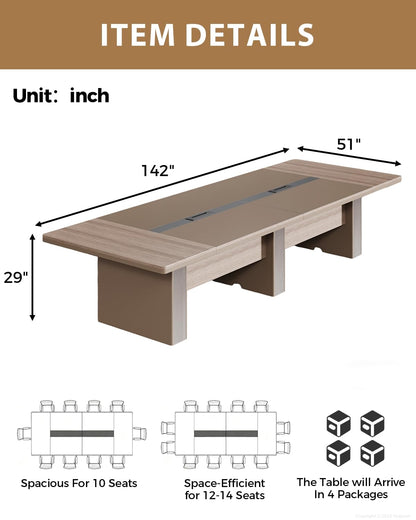 Nuipesn 12-ft Rectangular Conference Table, 142" × 51" Extra Wide Boardroom Table for 12-14 People, Dual Cable Grommets, 1.6" Thick Top, Light Oak & Gray