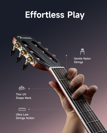 Rosen V1 Hybrid Acoustic Guitar for Beginners Adults Patented Body with Solid Spruce Top & Soft Touch Strings Thin Neck & Open Pore Matte 40 Inch,Black