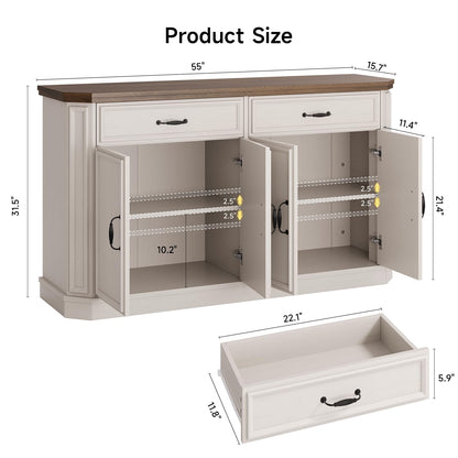 ONBRILL 55" Sideboard Buffet Cabinet with 2 Storage Drawers & 4 Doors, Modern Kitchen Sideboards and Buffets with Adjustable Shelves, Wood Coffee Bar Cabinet for Living Room, Entryway, Off-White