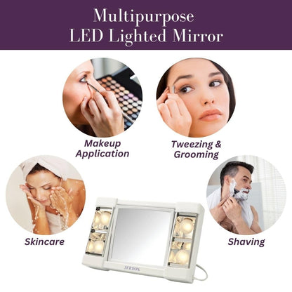 JERDON Two-Sided Makeup Mirror with Lights - Vanity Mirror with 3X Magnification & Glare-Free Lighting - White Base - Model J1010