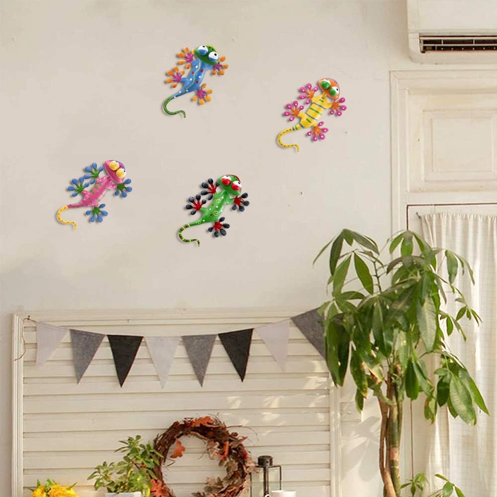 YEAHOME 4 Pack Metal Geckos Wall Art, Inspirational Mexican Outdoor Decor for Farmhouse, Porch, Patio