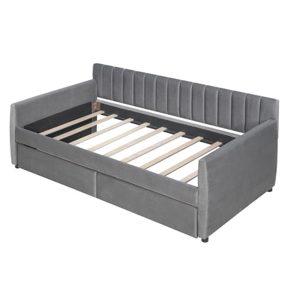 Merax Upholstered Daybed with 2 Drawers, Twin Size Bed Frame with Storage and Wood Slat Support, Gray