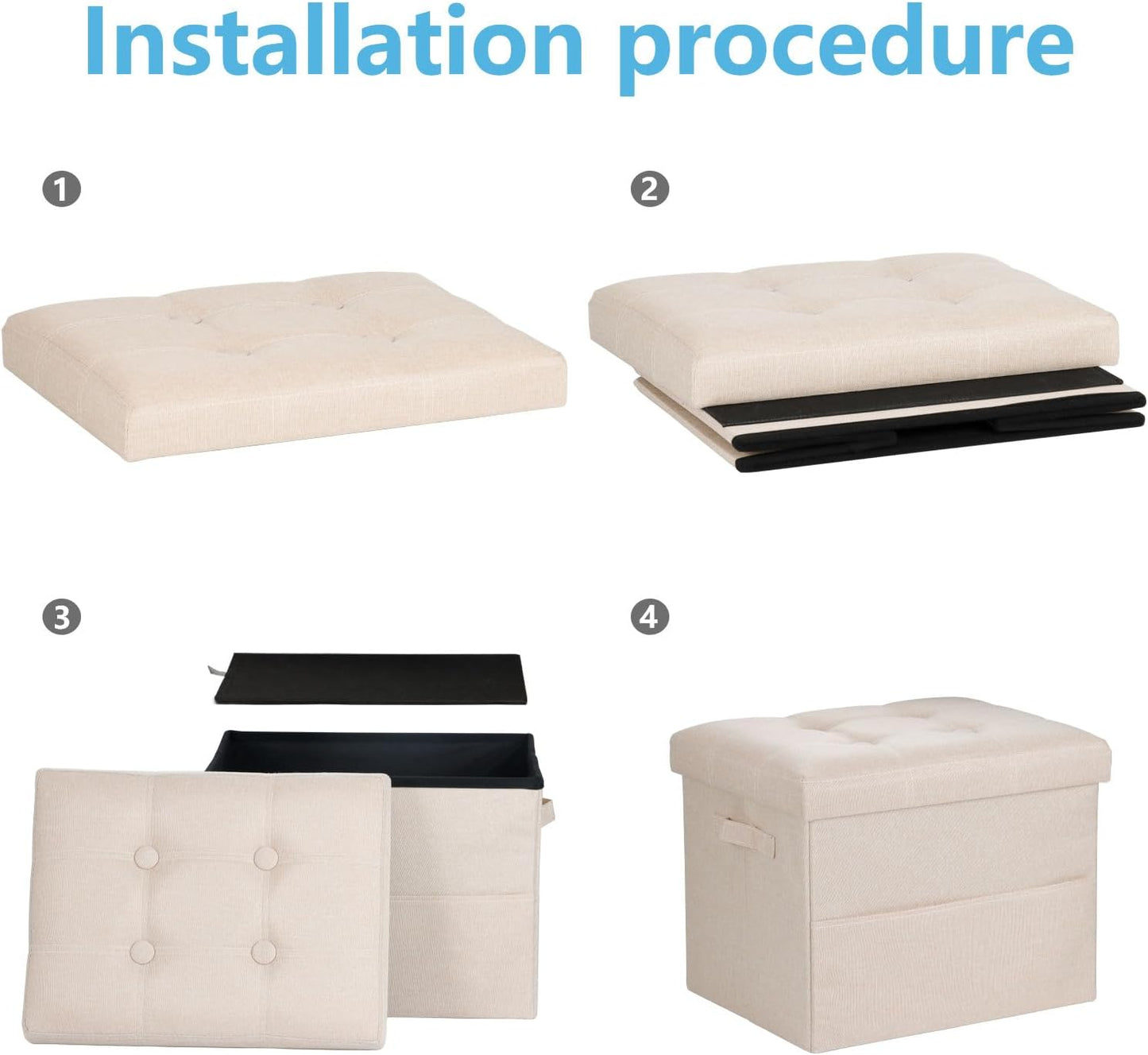 17x17x13 Inches, Bsketa Storage Ottoman Foot Rest, Folding Linen Cotton Ottoman with Storage with Side Pockets