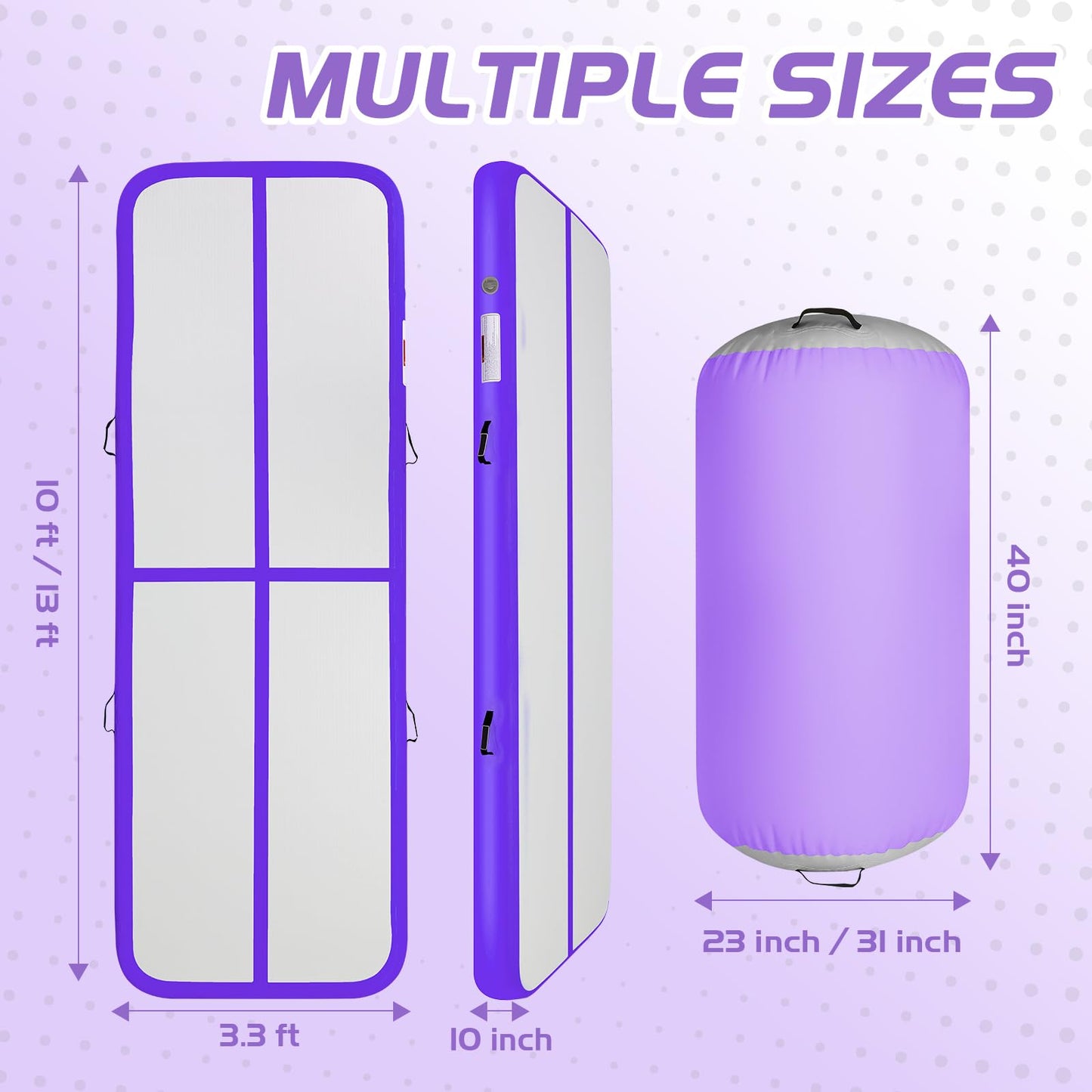 KIKILIVE Inflatable Gymnastics Tumble Mat 13ft and Air Roller 40x23inch Purple Gray, Air Mat Track 4 inches Thickness and Air Roller Gymnastics Barrel with Electric Air Pump for Home Use Outdoor Training Cheerleading Beach Park
