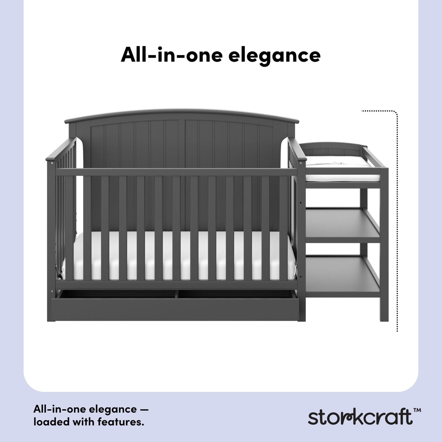 Storkcraft Steveston 5-in-1 Convertible Crib & Changer – GREENGUARD Gold Certified, Fits Standard Crib Mattress, Converts to Toddler Bed and Full Bed, 4 Adjustable Mattress Heights (Gray)