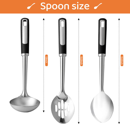 Stainless Steel Cooking Spoons Set, Large Serving Spoons Stainless Steel with Soup Ladle, Solid Spoon & Slotted Spoon, 3-Piece Thickened Metal Cooking Spoon for Kitchen Serving & Cooking