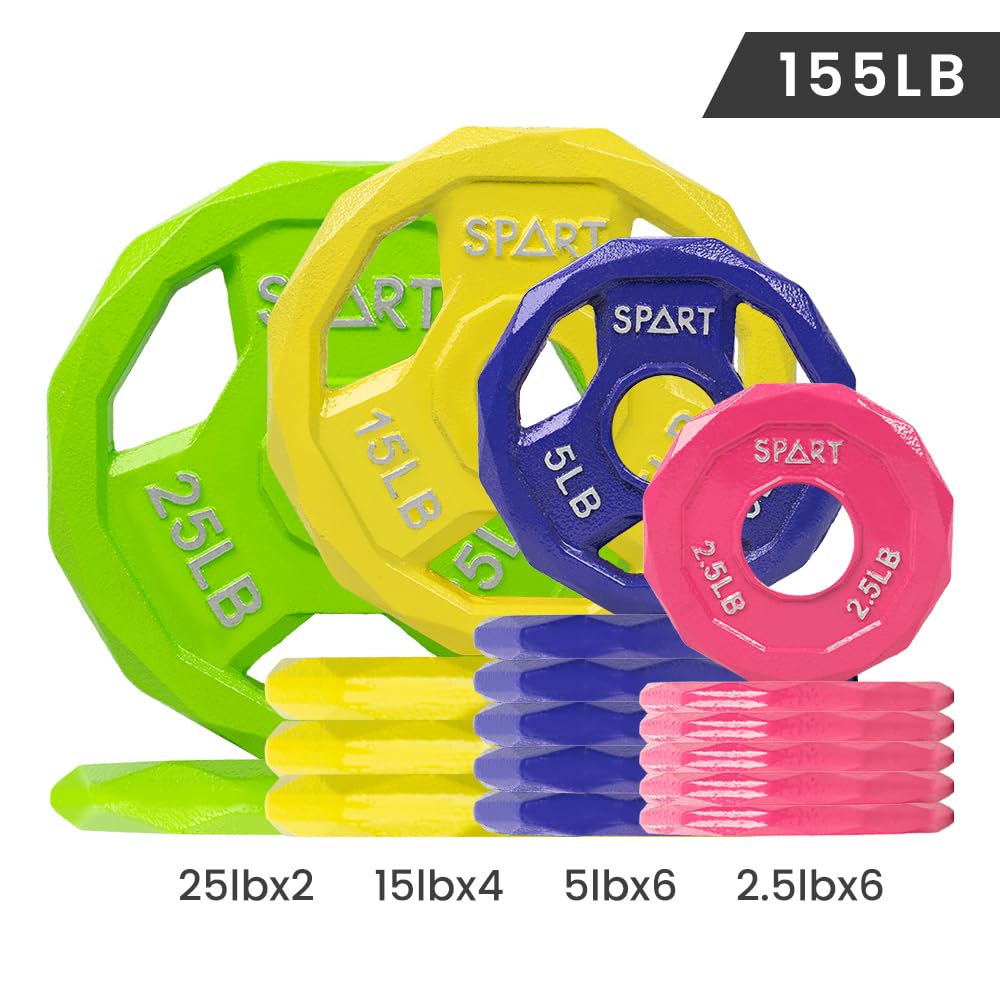 SPART Color Coded Weight Plate 155LB Combo Set, 2-Inch Cast Iron Metal Weight Plates for Barbell,Solid Cast Iron Olympic Weight Plates for Strength Training, Weightlifting, Crossfit