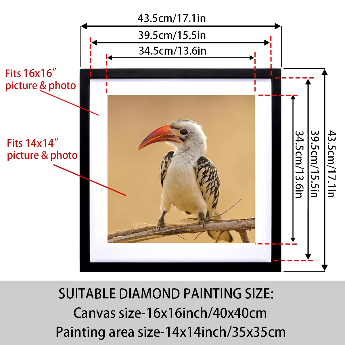 Mxtallup 16X16inch Picture Frames Display Pictures 14x14inch/35x35cm With Mat or 16x16 Inch/ 40x40cm Without Mat, Diamond Painting Frames 16x16inch Photo Frames Wood Black (TK006)