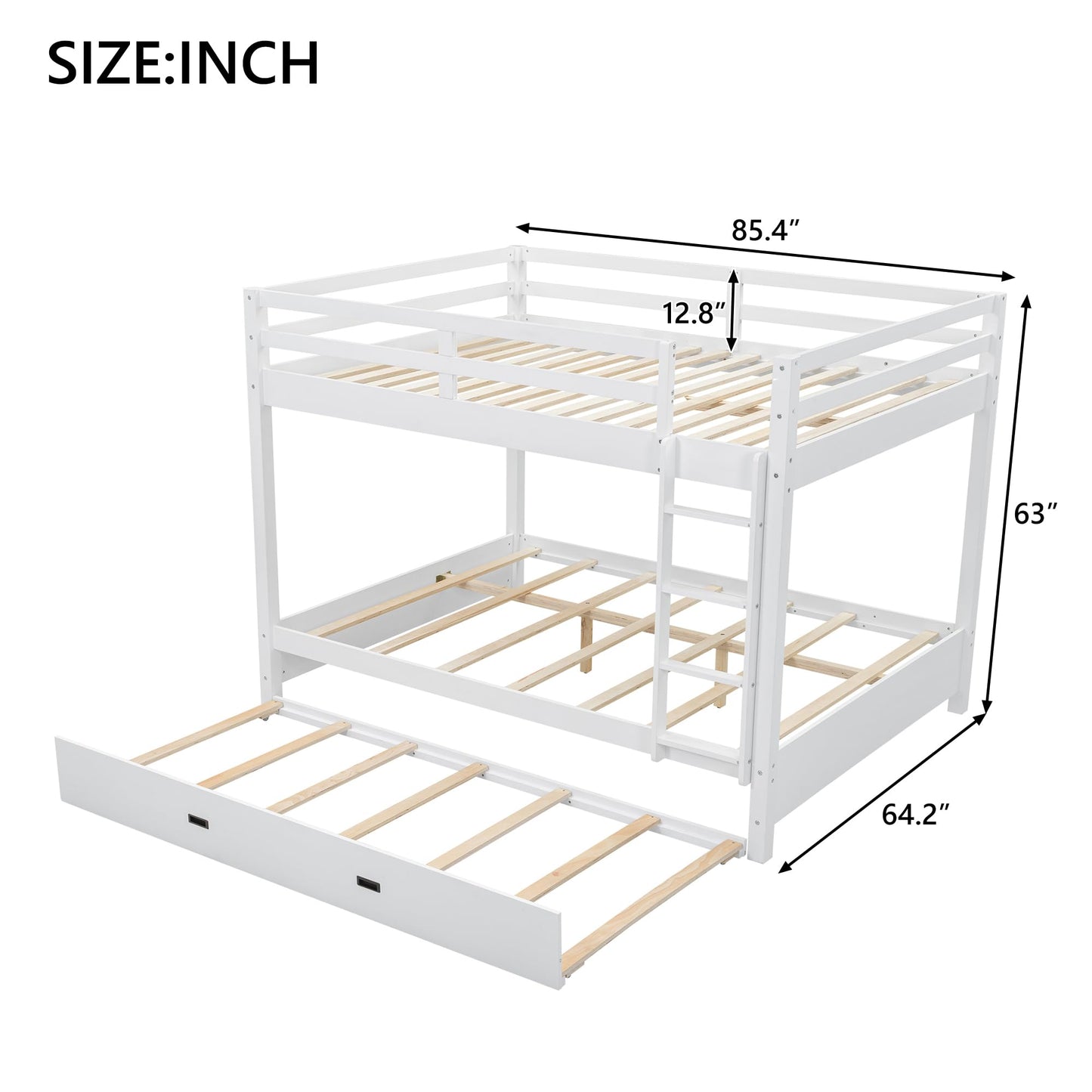 Bellemave Queen Over Queen Size Bunk Bed with Trundle for Kids/Adults,Solid Wood Bunk Bed Frame Queen Size with Ladder & Safety Guardrails,White