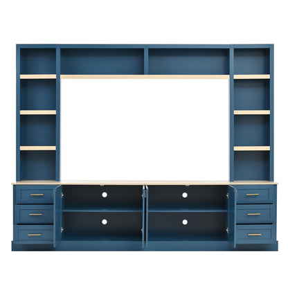 Merax 102.3 Inch Wide Farmhouse Entertainment Center, Rustic TV Stand with 6 Drawers & Adjustable Shelves, Large Media Console for TVs up to 75", Modern Bookshelves Wall Unit, Blue