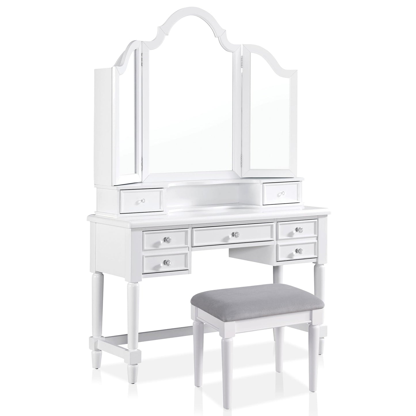 24/7 Shop at Home Nyx Traditional 3-Piece Wood 5 Drawers Makeup Vanity Table, Tri-Fold Mirror and Stool Set with Jewelry Storage, 7 Shelves, Padded Seat for Bedroom, Dressing Room, White and Gray