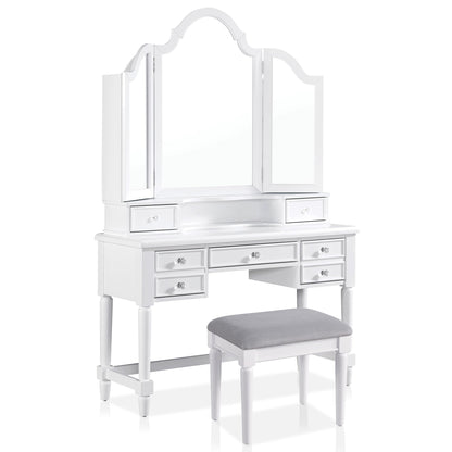24/7 Shop at Home Nyx Traditional 3-Piece Wood 5 Drawers Makeup Vanity Table, Tri-Fold Mirror and Stool Set with Jewelry Storage, 7 Shelves, Padded Seat for Bedroom, Dressing Room, White and Gray