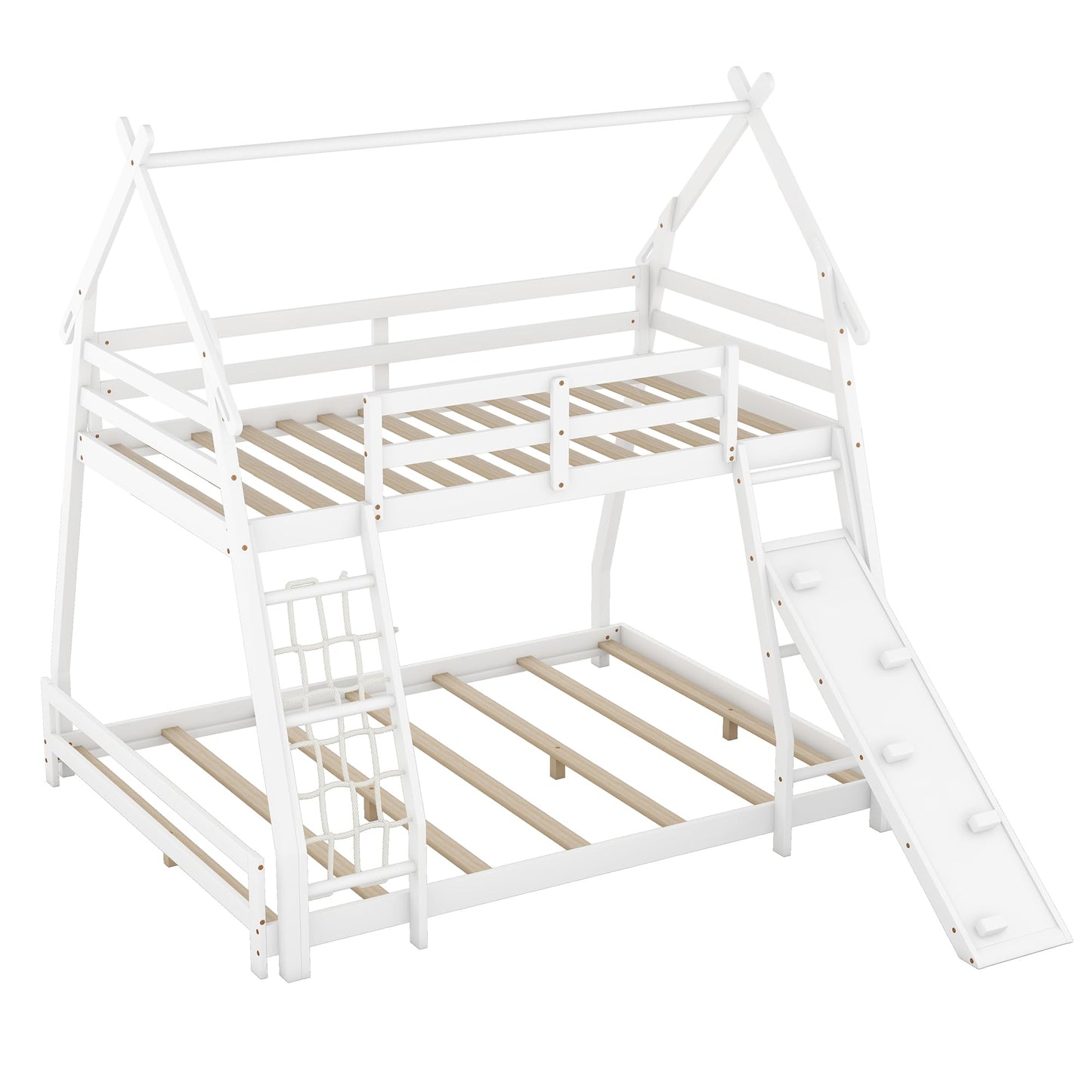 Bellemave Bunk Bed Twin Over Queen with Slides and Stairs, House Bunk Bed with Climbing Nets and Climbing Ramp for Kids, Teens, White