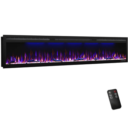 88" Electric Fireplace, Recessed/in-Wall or Wall Mounted, Large Linear 80-90", Ultra-Narrow Frame, 3 Flame Colors & Top Lighting, Timer, Remote, Log & Crystal Media, 1500W Heater