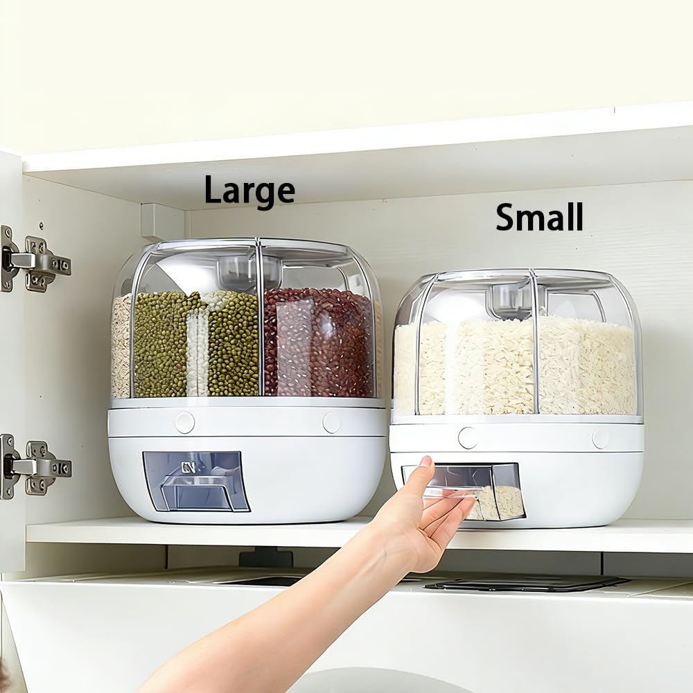 Wnnideo Rotating Grain Storage Bin 6 Grids Rice Container One-Click Output Large Capacity Food Dispenser For Rice Grains Sealed Moisture Proof Organizer (Small)