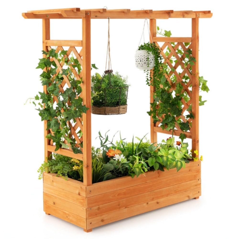Wooden Raised Garden Bed Planter, Outdoor Planter Box with Trellis, Cedar Garden Planter with Climbing Frame, Patio Vertical Plant Growing Bed, Decorative Outdoor Plant Support Box