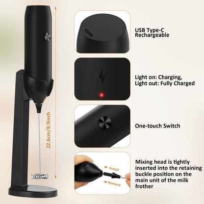 Rechargeable Milk Frother Handheld USB Type-C, Powerful Electric Foam Maker with Stand, Mini Drink Mixer for Coffee Latte, Cappuccino, Mocha, Macchiato, Frappe and Protein Powder