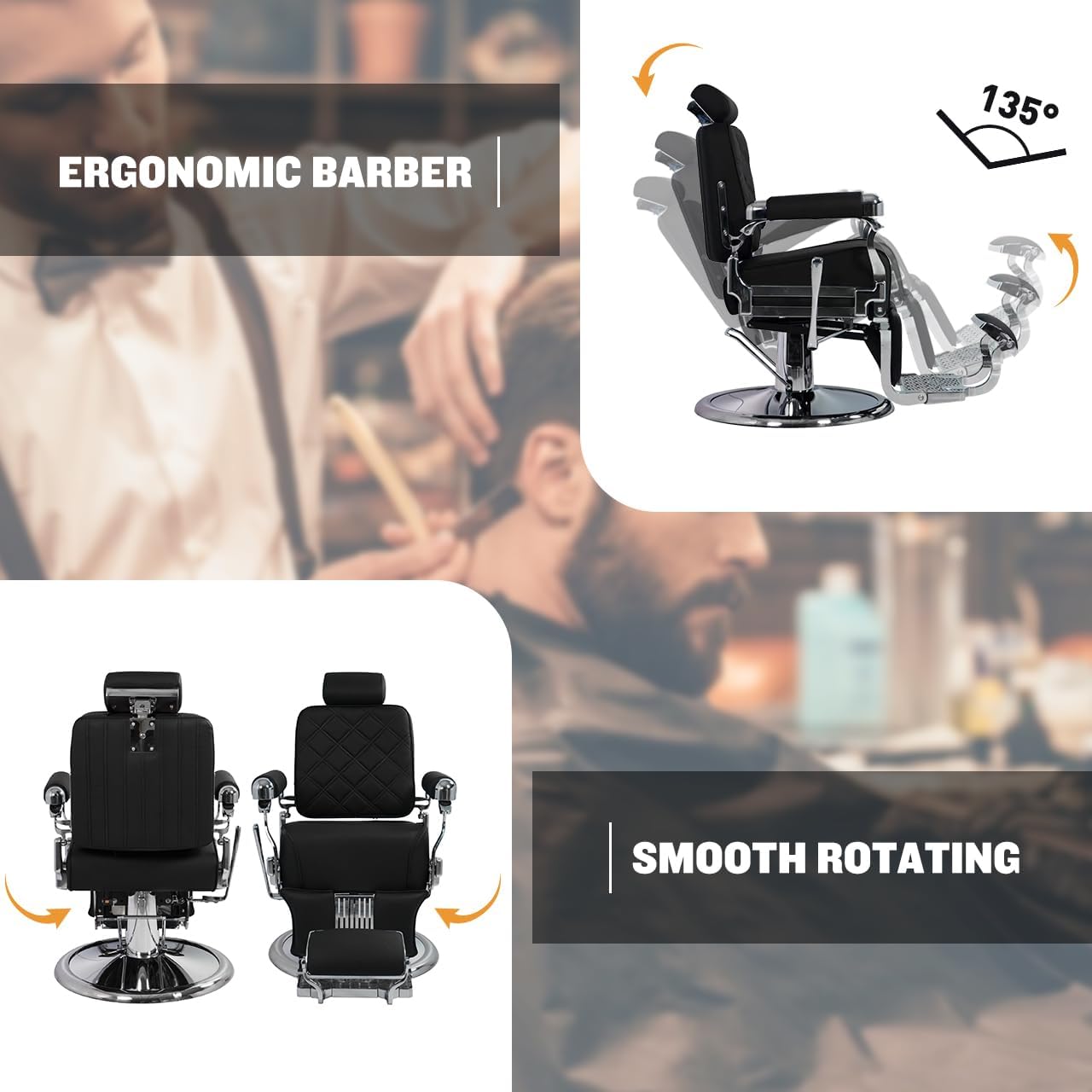 MyS Heavy Duty Barber Chair – 700 lbs Capacity Industrial Hydraulic Reclining Salon Chair, 135° Reclining with Stainless Steel Leather (Silver)
