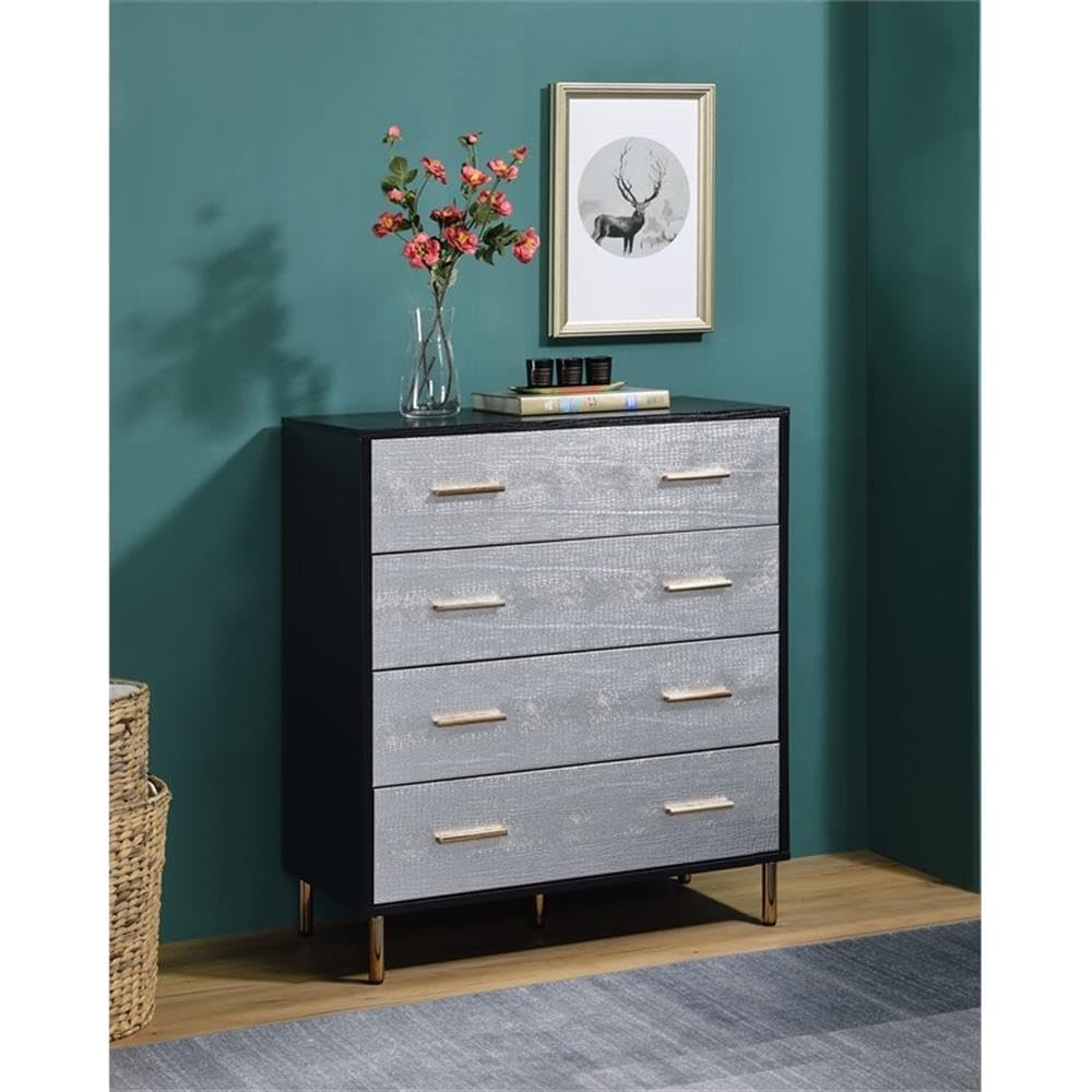 Acme Furniture 4 Drawers Wooden Chest, Black, Silver and Gold