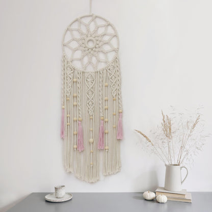 LB Boho Pink Macrame Wall Hanging Flower Dream Catcher Handmade Woven Cotton Tapestry with Wood beads Modern Aesthetic Wall Art Decor for Home, Bedroom, Living Room