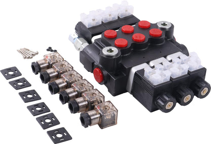 Solarhome 3 Spool Solenoid 12V DC Hydraulic Control Valve Open Center Double Acting 13 GPM 3600 PSI SAE Ports Compatible With Tractors Loaders Log Splitters