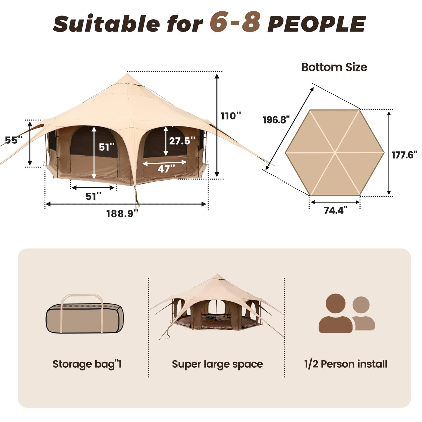 LVUYOYO Canvas Bell Tent, Glamping Yurt Waterproof Tent with Stove Jack and Storage Bag, Perfect for Family 4 Season Camping (16.4 * 9.18 FT)