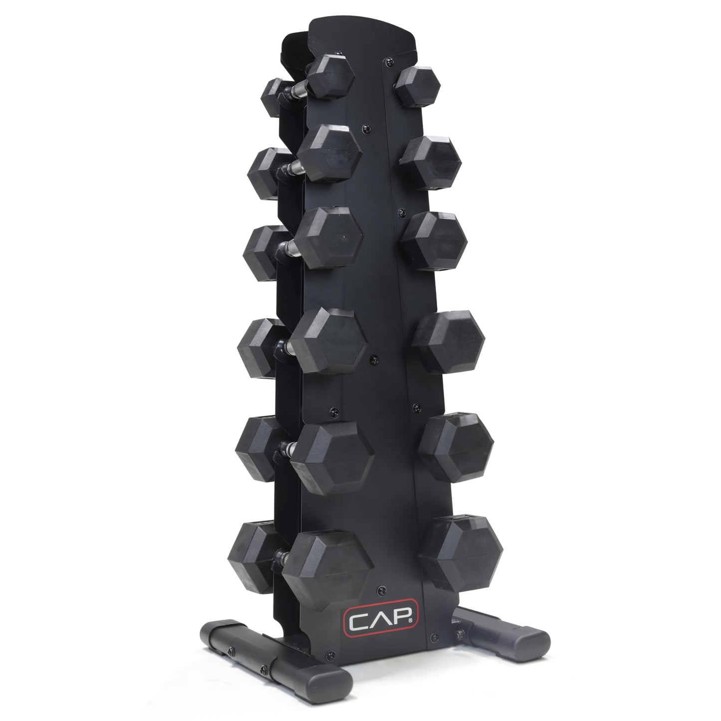 CAP 210 lb Rubber Coated Hex Dumbbell Set with Vertical Rack, Space-Saving Storage for Home Gym Strength Training, Chrome Handle, Black Rack
