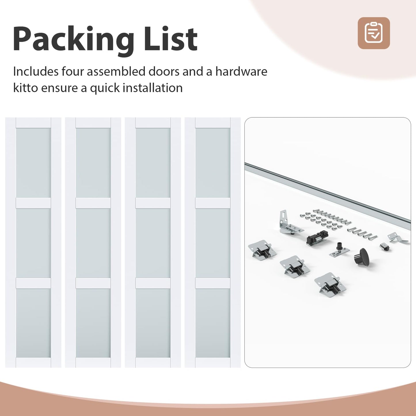 EaseLife Preassembled Bi-Fold Doors, for 72"x 80" Opening,Tempered Frosted Glass Closet Folding Barn Door with Concealed Hardware Kit,MDF Wood Panel,Water-Proof PVC Surface,Easy Installation