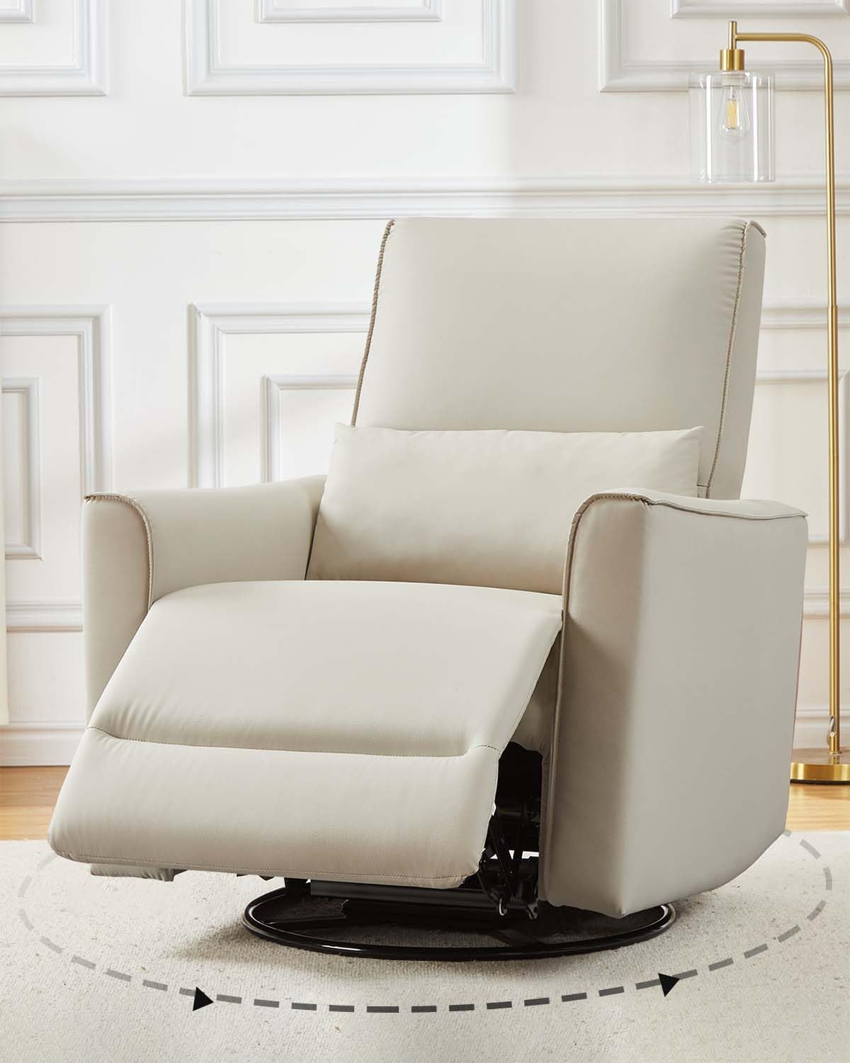 GarveeHome Recliner Chair, 360° Swivel Rocker Glider Nursery Chair with Padded Armrest and Deep Seat, PU Leather Upholstered Reclining Sofa Chair for Living Room, Bedroom and Nursery (White)