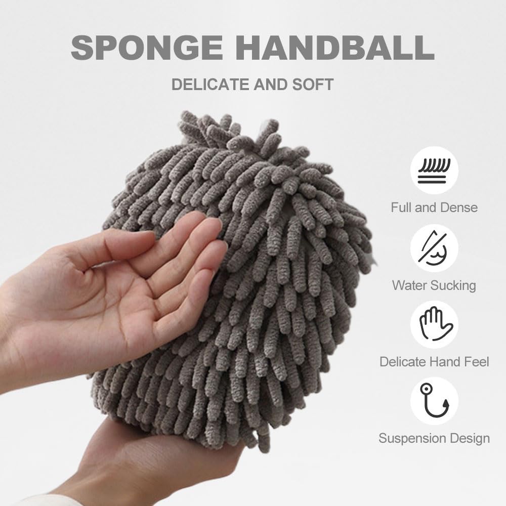 ROWPOZ 2PCS 6.7Inch Absorbent Hanging Hand Towel Ball for Kitchen & Bathroom, Chenille Plush Hand Towel Puff Ball Hand