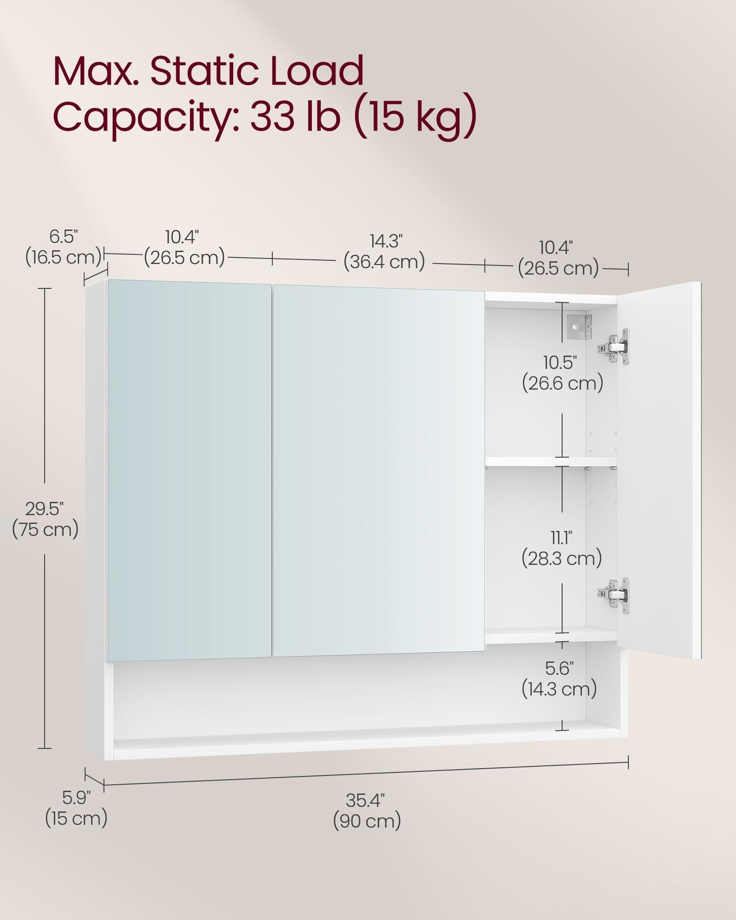 VASAGLE Kailyn Collection - Medicine Cabinet Mirror, Bathroom Wall Mirror Cabinet with Storage, Open Compartment, Adjustable Shelves, Modern Style, 6.5 x 35.4 x 29.5 Inches, Cloud White UBBK130W01