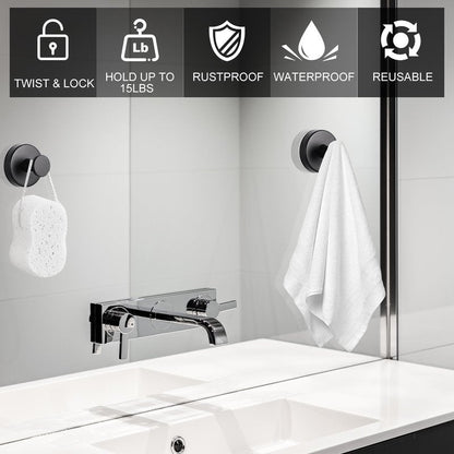 Suction Cup Hooks for Bathroom Kitchen, 2 Pack Stainless Steel Suction Hooks for Shower No Drilling Damage Free Towel Hook Holders Reusable Removable for Hanging Towels, Loofah, Robe, Coat(Black)