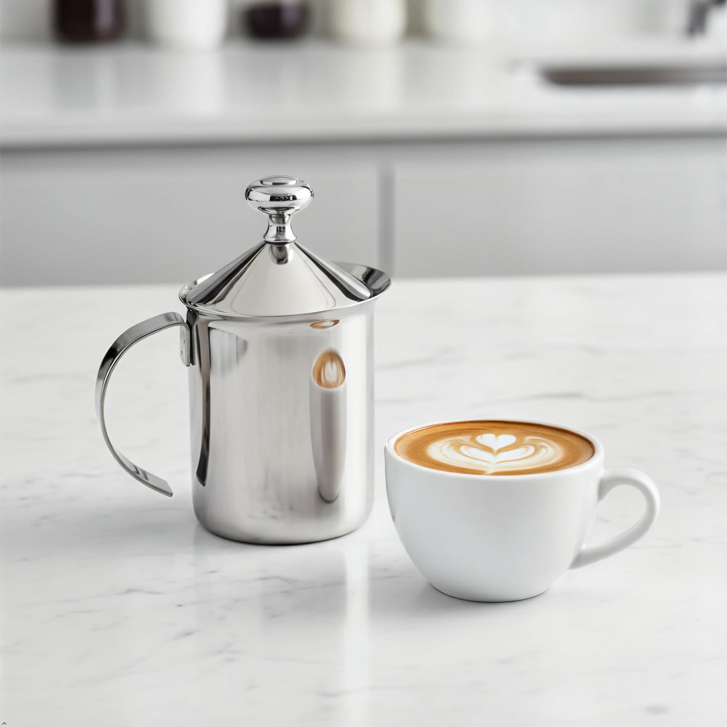 Fino Milk Creamer Frother Cappuccino Foam Pitcher with Handle and Lid, 18/8 Stainless Steel, 14-Ounce Capacity