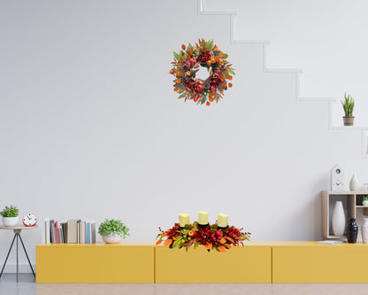 Svndlyn Fall Thanksgiving 3 Candle Holders Centerpiece Harvest Table Centerpiece Decor with Red Chrysanthemum Berries Apple Pomegranate Maple and Eucalyptus Leaves for Thanksgiving Autumn Harvest