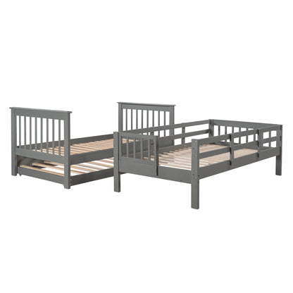 Merax Twin-Over-Twin Bunk Bed with Twin Size Trundle, Soild Wood Stairway Bunk Bed with Storage and Guard Rail for Teens, Adults, Gray