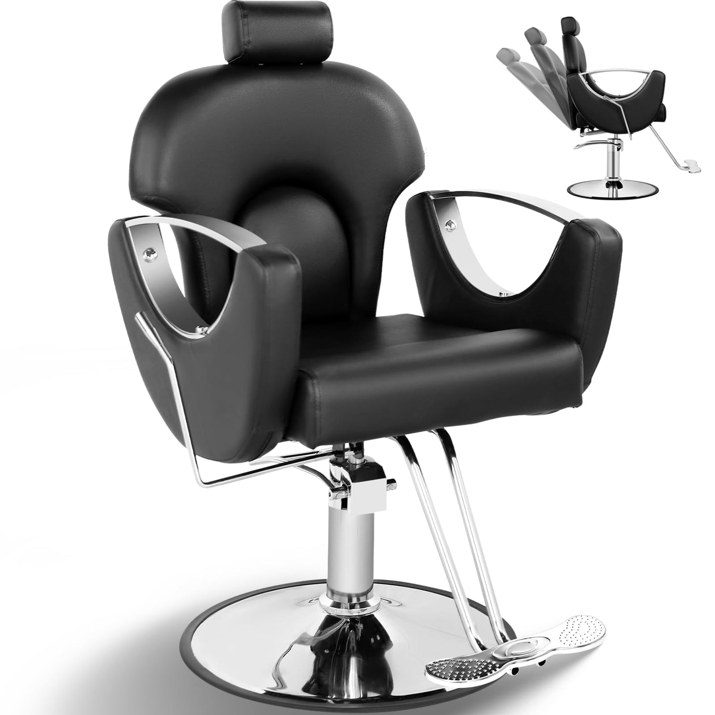 Tythical Reclining Salon Chair for Hair Stylist, Heavy Duty Hair Barber Chair with Adjustable Headrest, 360 Degree Swivel Beauty Spa Equipment Max Load 440Lbs, Black Silver
