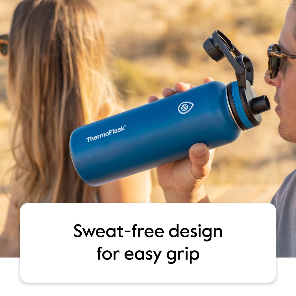 ThermoFlask Bottle with Spout Lid - Stainless Steel Water Bottles with Double-Wall Insulation & BPA-Free Spout Lids - Leak-Proof Reusable Bottles & Lids - 24 oz, Mayan Blue/Black (2 Pack)