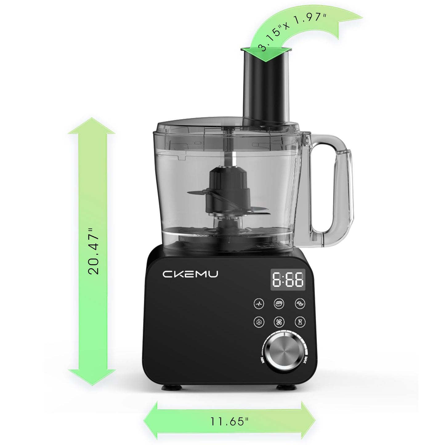 CKEMU Smart Food Processor and Vegetable Chopper, 6 Automatic Functions, BPA Free, Stainless Steel Blades, 12 Cup Bowl, 600-Watt Motor, Black