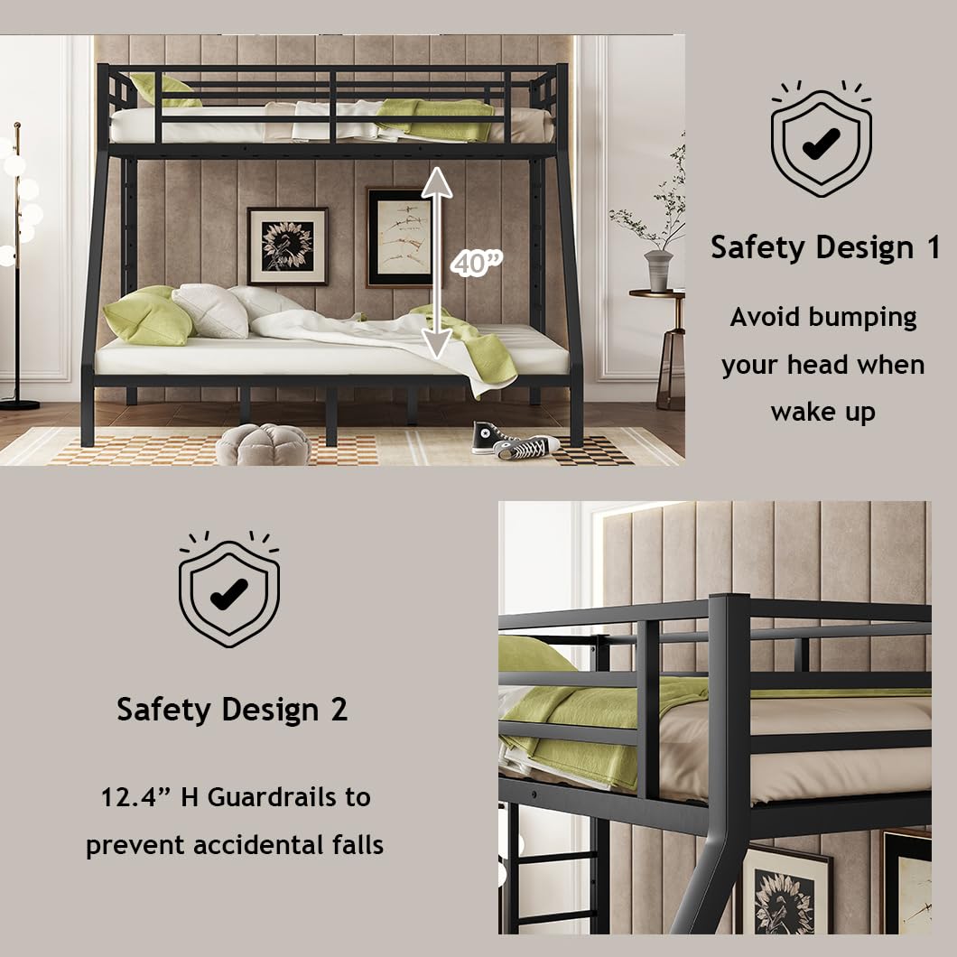 Bellemave Twin XL Over Queen Bunk Bed for Adults, Twin XL Over Queen Bunk Beds Frame with 2 Ladder and Full Length Guardrail, Easy Assemble, Mattress Not Included, Black