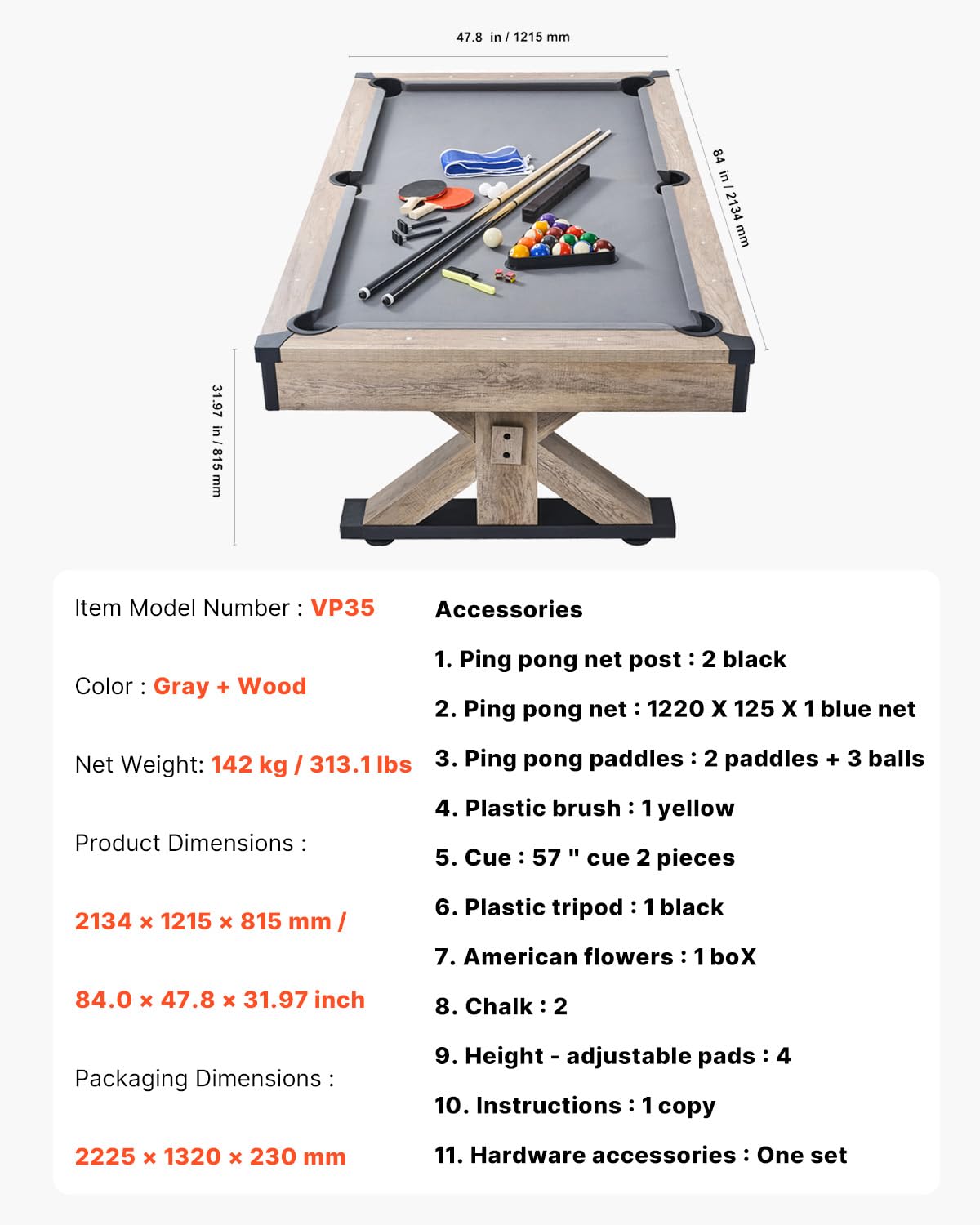 VEVOR 7ft Billiards Table Combo Set, 3-in-1 Multi Game Table with Dining, Pool, and Tennis Table, for Family Game Room Adults, Includes Full Set of Accessories, Wood Color with Grey Cloth