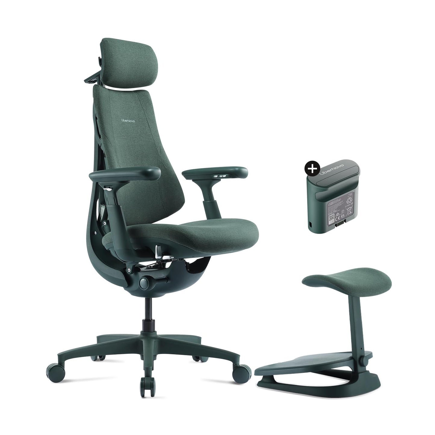 LiberNovo Dynamic Ergonomic Desk Chair + Footrest + Extra Rechargeable Power Pack Bundle - Comfy Home Office Chair with Adaptive Lumbar Support, 160° Recline & Built-in Spine Stretch, Green+48cm