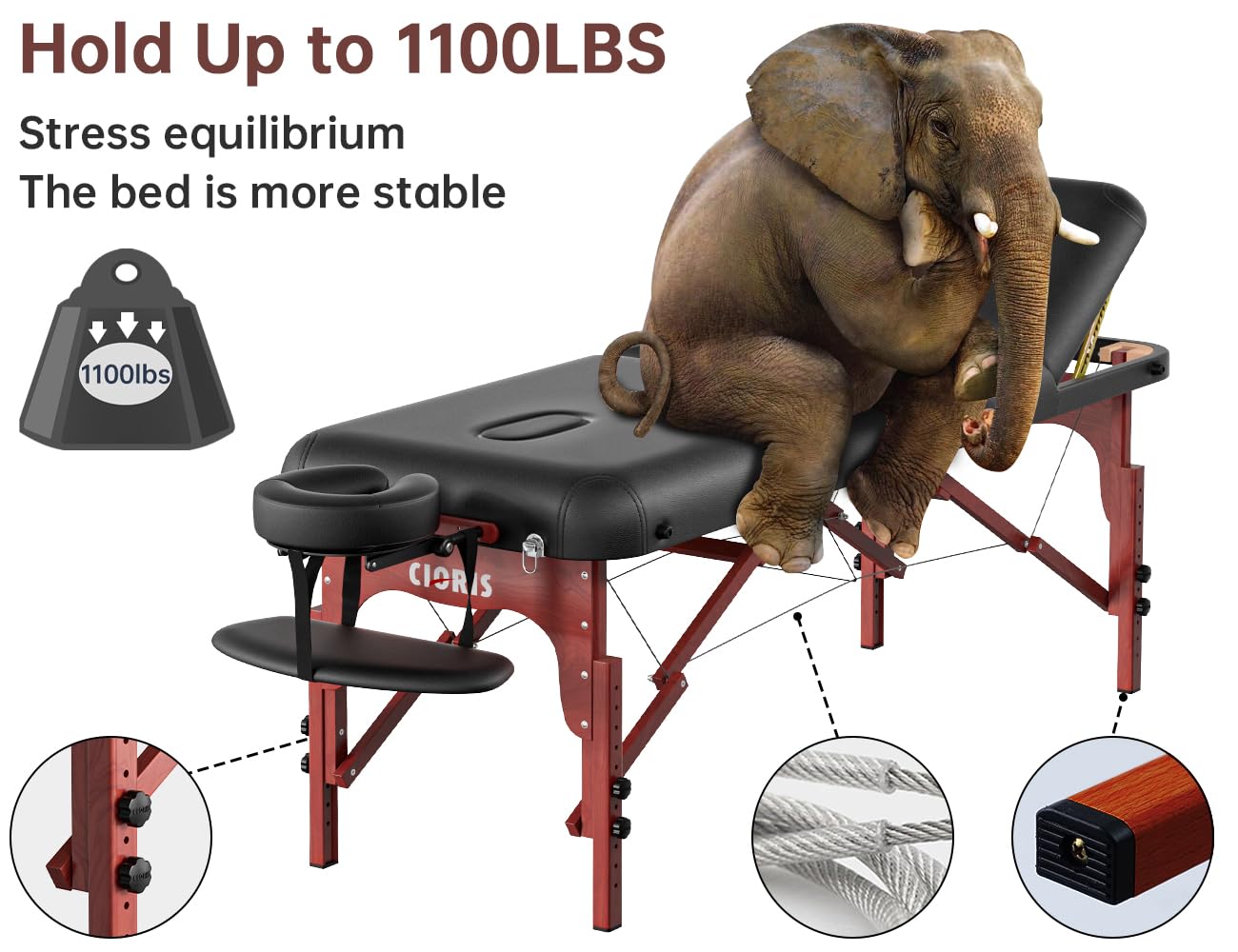 CLORIS 84" Professional Massage Table Portable 3 Folding Lightweight Facial Salon Spa Tattoo Bed Height Adjustable with Carrying Bag & Wooden Leg Hold Up to 1100LBS