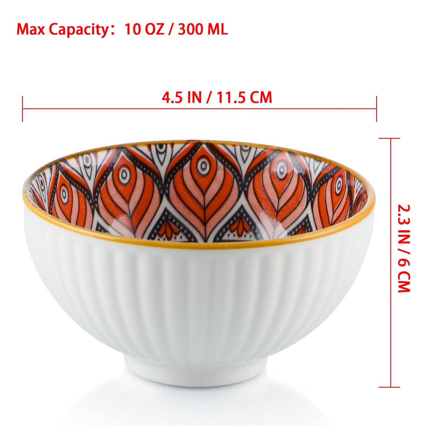 Sanbege Ceramic Rice Bowls 10 oz, Bohemian Style Bowl Gift Set, Assorted Dinnerware Serving Bowls for Cereal, Soup, Dessert, Snack, Fruit, Salsa, Pack of 6 (Geometric Pattern)