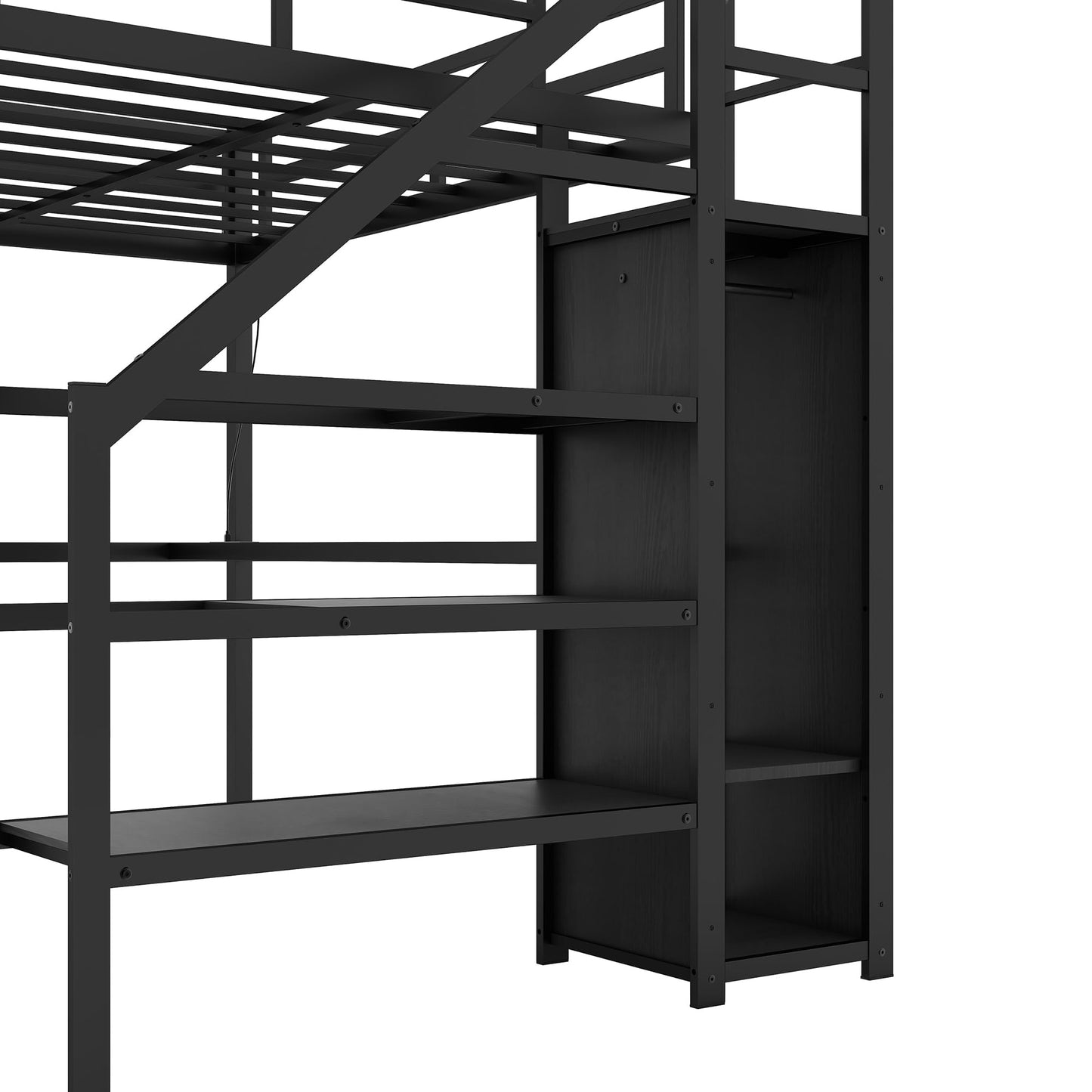Heavy Duty Metal Loft Bed with Twin XL Size, Desk, Wardrobe & Storage Stairs, LED Charging Station, Space Saving for Kids, Teens & Adults - Black