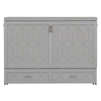 Merax Queen Size Murphy Cabinet Bed with Storage Drawers, Wall Murphy Bed with a Set of Sockets & USB Ports, Folding Platform Bed for Small Room