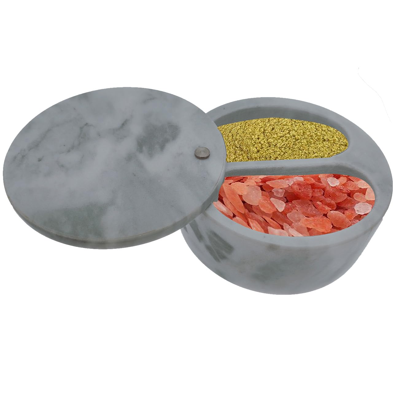 Kerixi Marble Salt Cellar and Storage Box with Two Compartments Salt Box with Swivel Lid for Storing Spice (Gray white)