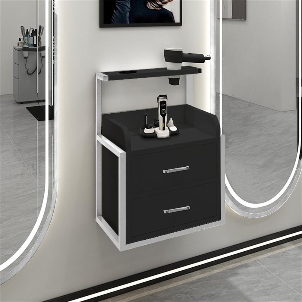 Wall Mounted Salon Cabinet with 2 Drawers, Hair Dryer Stand, Storage for Barber Shop, Facial Salon Station