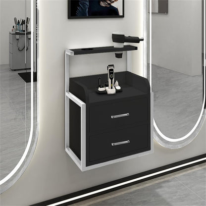 Wall Mounted Salon Cabinet with 2 Drawers, Hair Dryer Stand, Storage for Barber Shop, Facial Salon Station